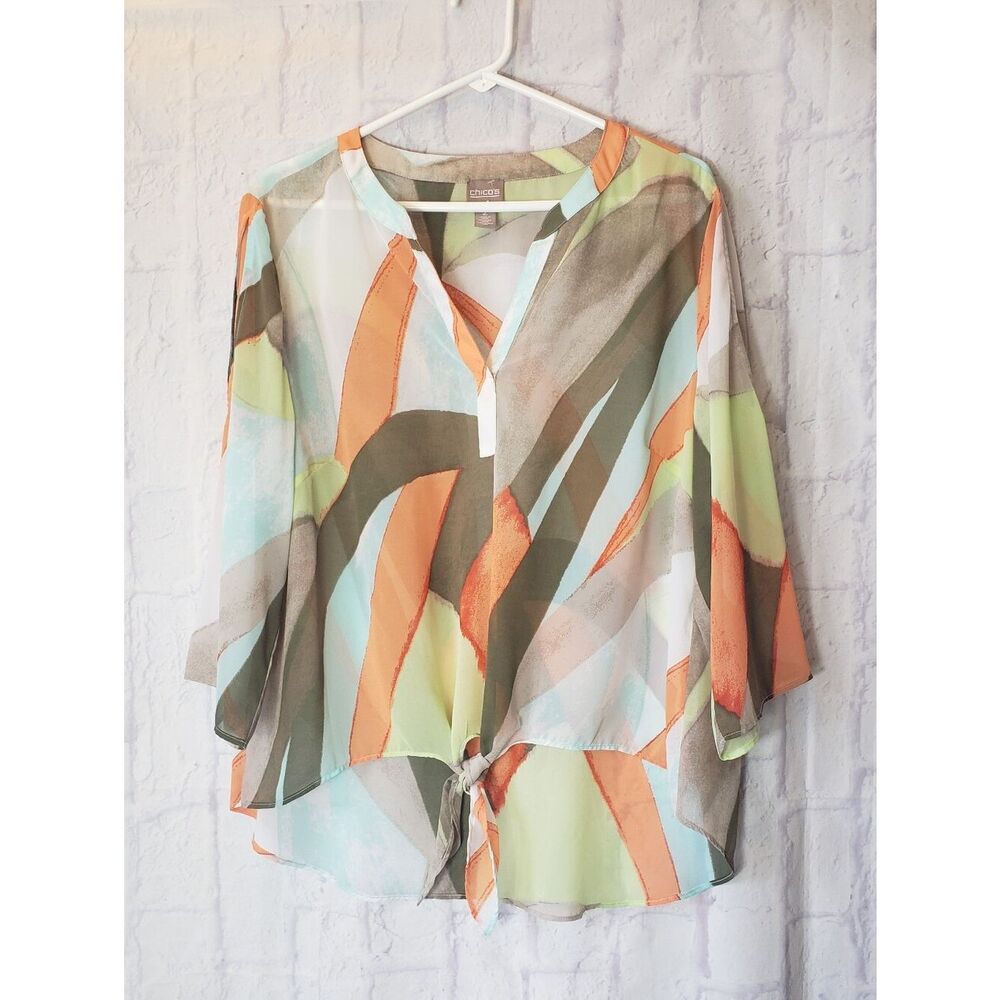 CHICO'S Cold-Shoulder Sheer Blouse Knotted Front Large